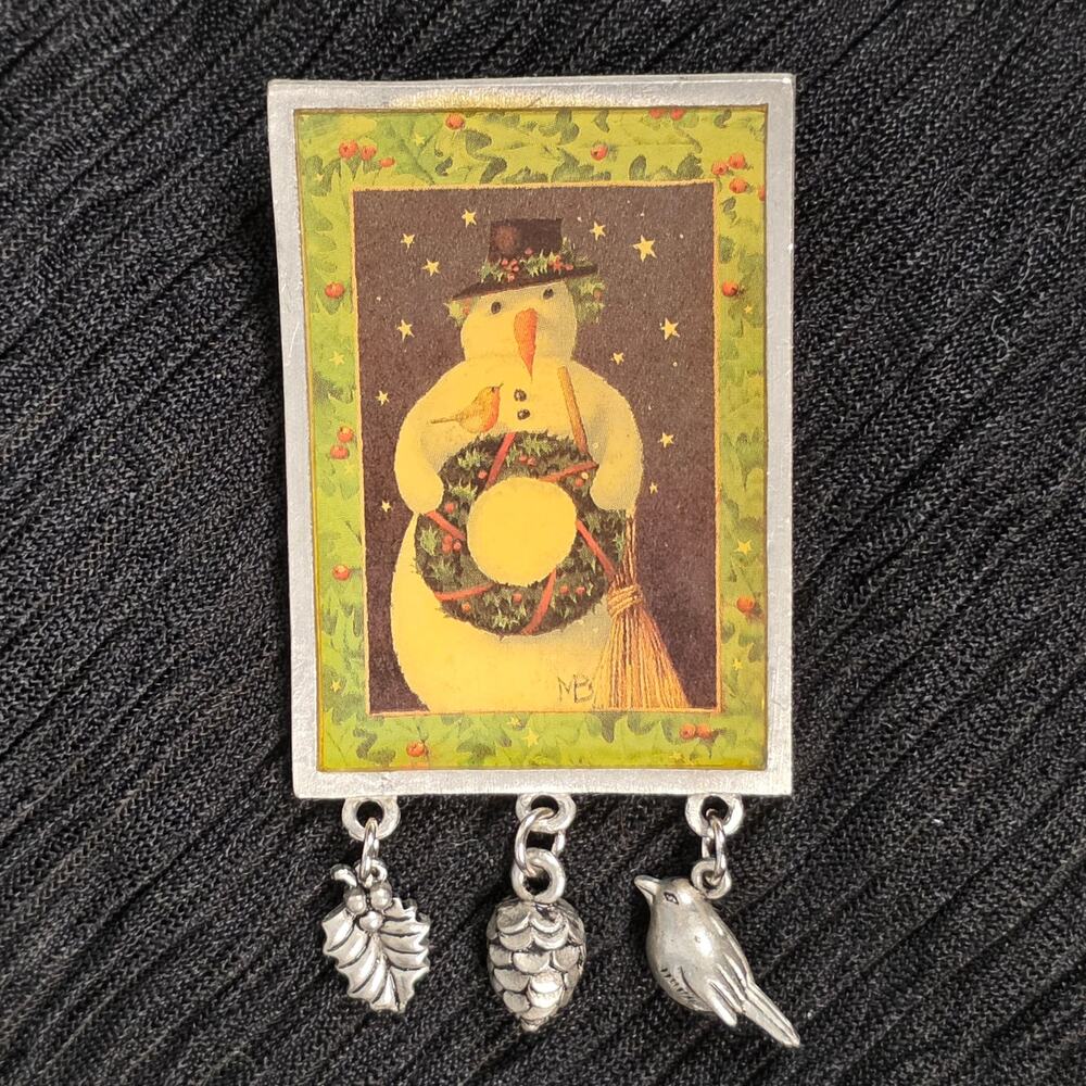 Vintage Marjolein Bastin Snowman Brooch Christmas Dangle Charm Pin - Picture 1 of 3